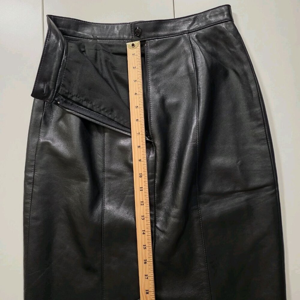 Liz Harbosin Black Leather Skirt 12 VTG Midi Lined Back Zip Slit Canada Bossy - Picture 8 of 16